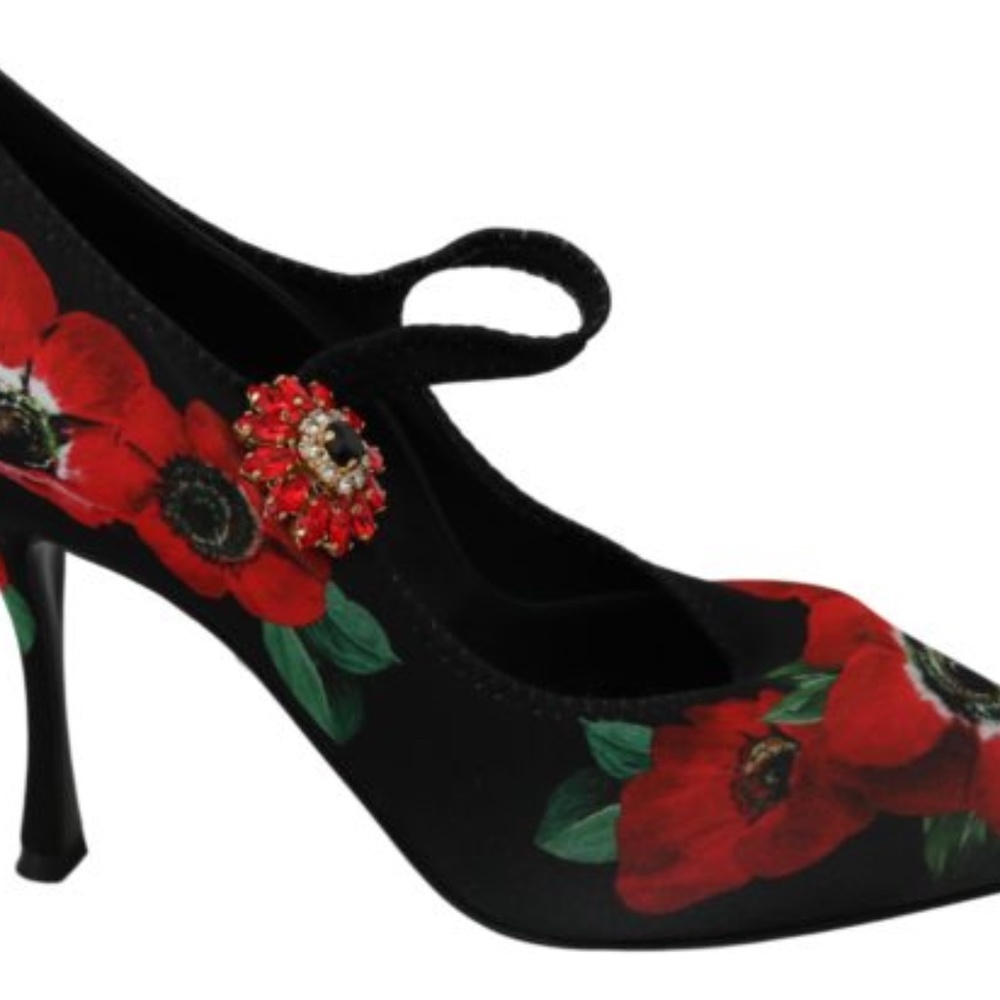 DOLCE & GABBANA Black Red Floral Mary Janes Pumps Shoes